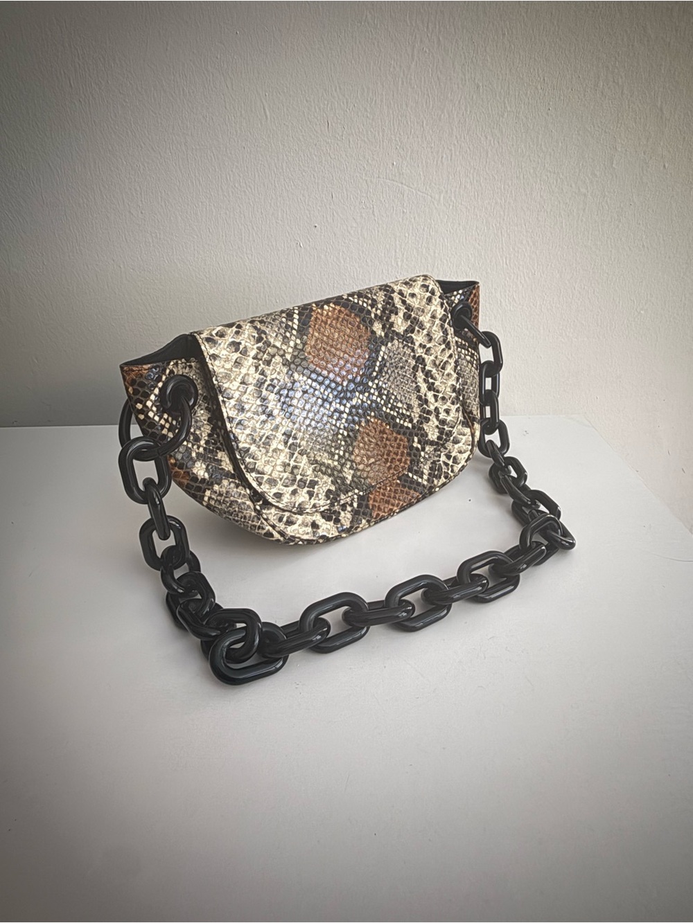 Simon Miller Bend Bag Snake Print Shoulder Bag with Black Chain Strap